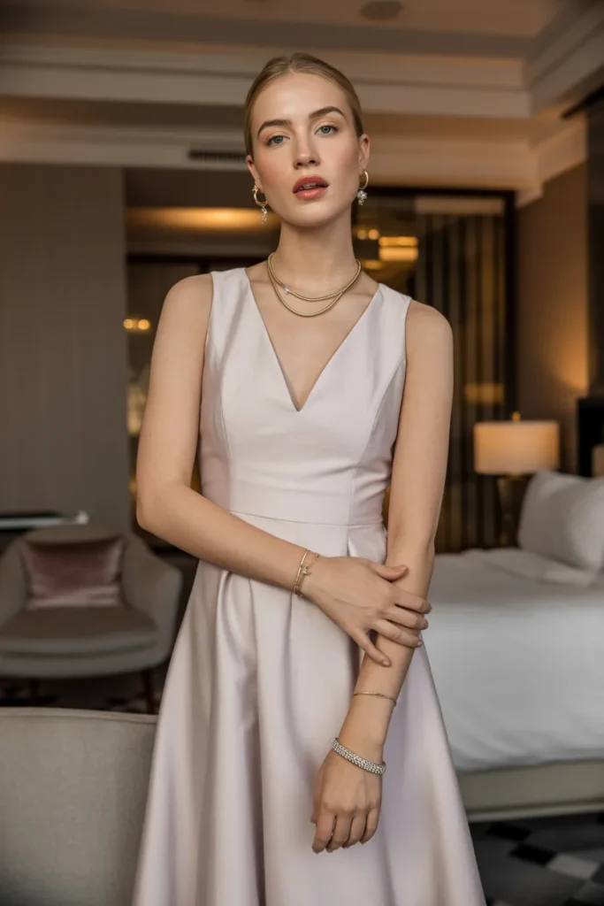 V Neck Crew Neck Dress with Elegant Jewelry
