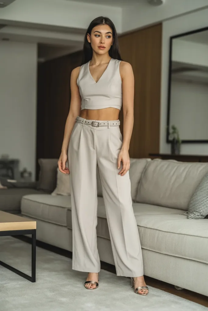 V Neck Crop Top with Straight Formal Pant