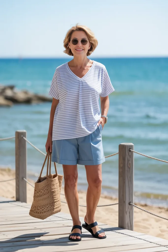 V Neck Loose Stripe T Shirt with Trouser Shorts and Flat Sandals