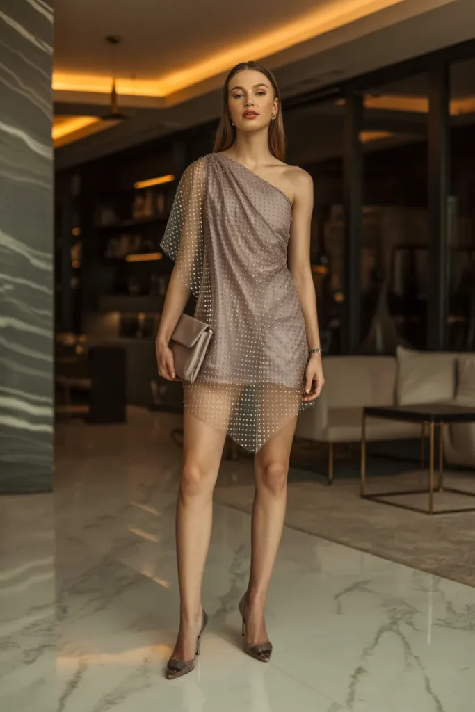 V Neck One Shoulder Mesh Dotted Mini Dress