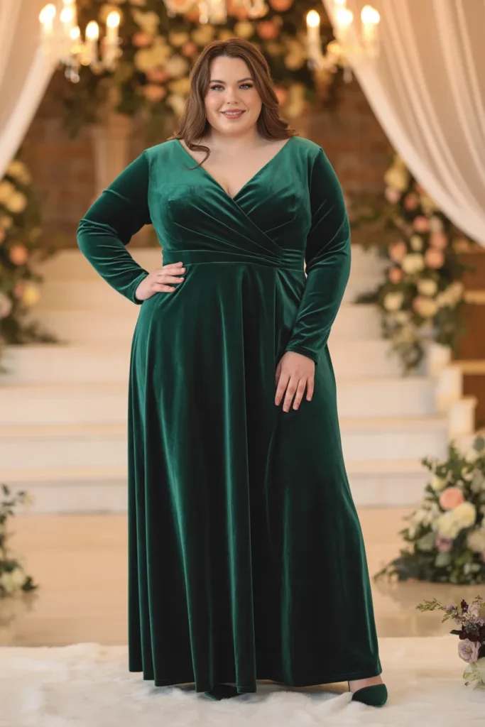 Velvet V Neck Green Dress