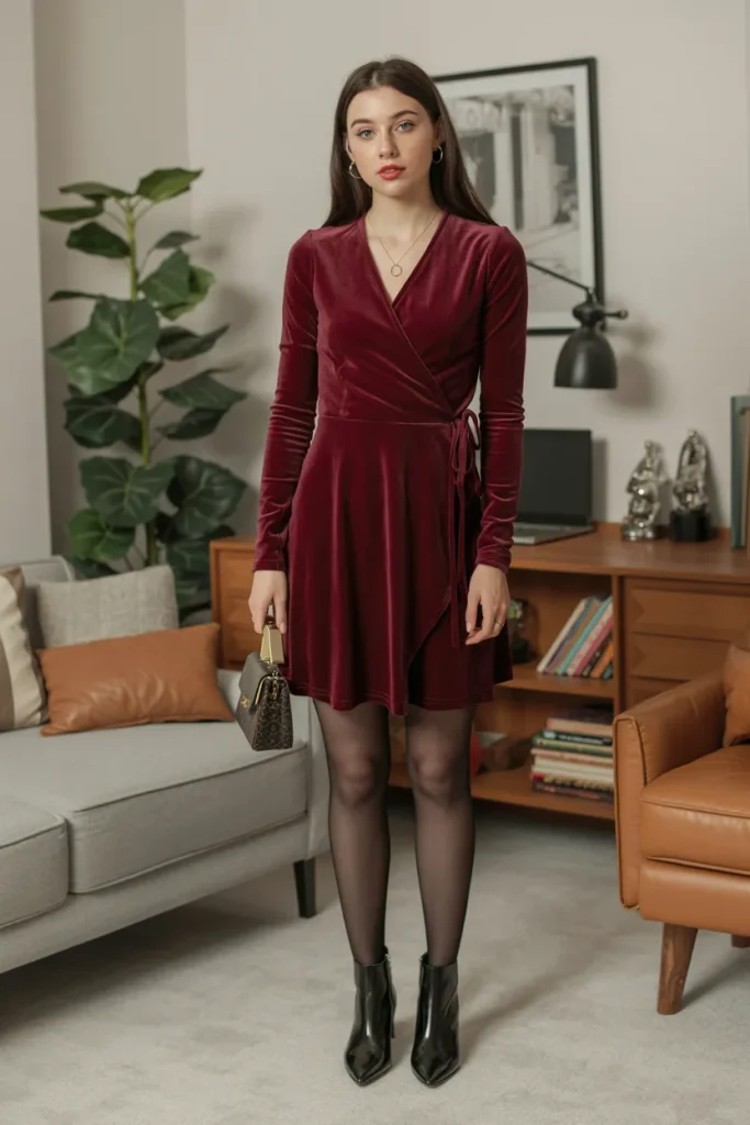 Velvet Wrap Dress with Tights and Ankle Boots