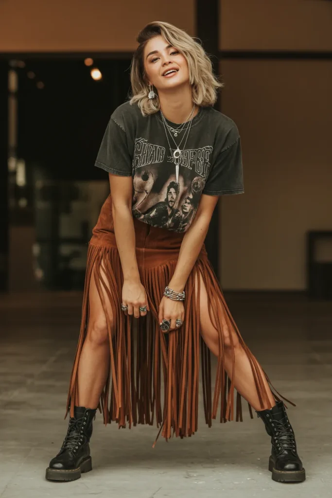 Vintage Band Tee and Fringe Skirt Inspired by Shein