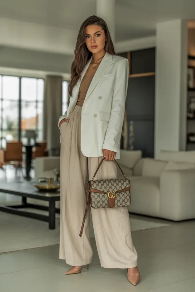 White Blazer with Linen Pants and Gucci Handbag