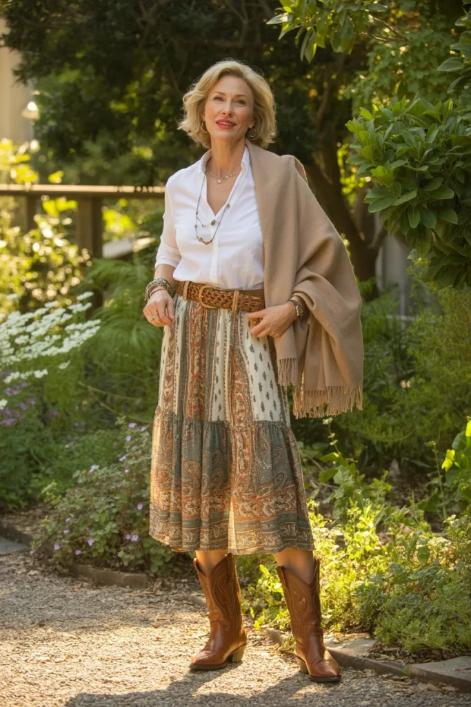 White Blouse with Boho Style Skirt and Cowboy Boots
