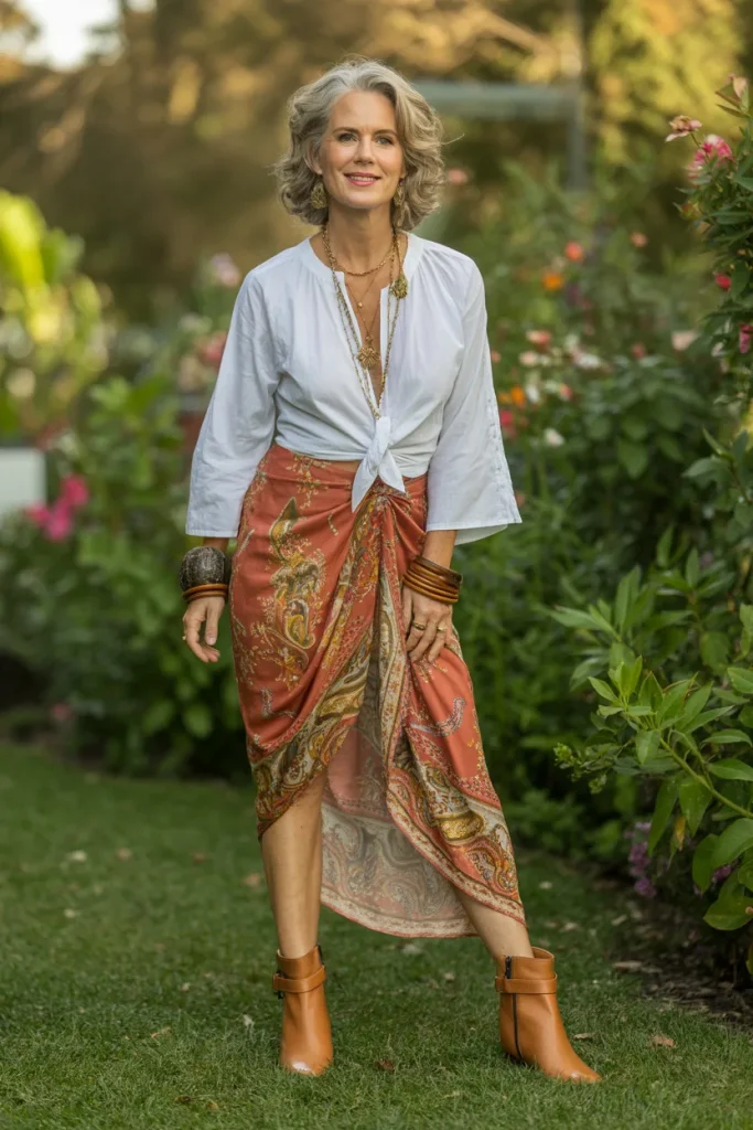 White Blouse with Stylish Sarong Skirt and Ankle Boot