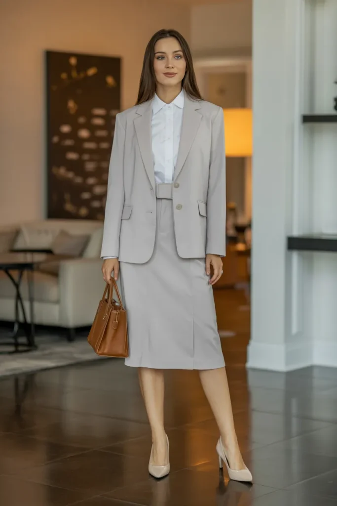 White Blouse with Suit Dress and Pumps