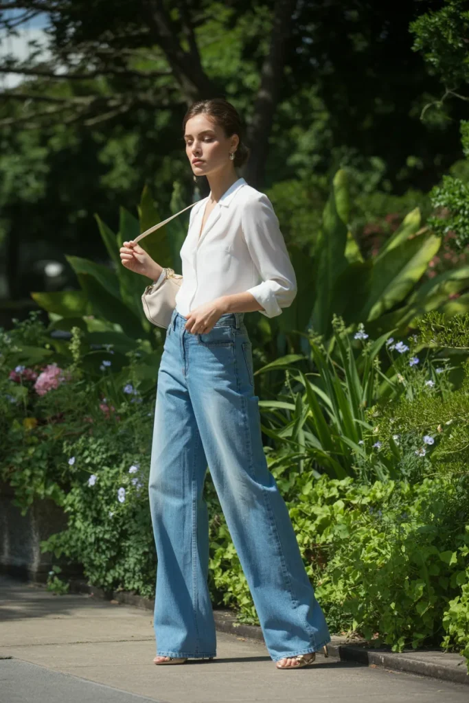 White Blouse with Wide Leg Jeans