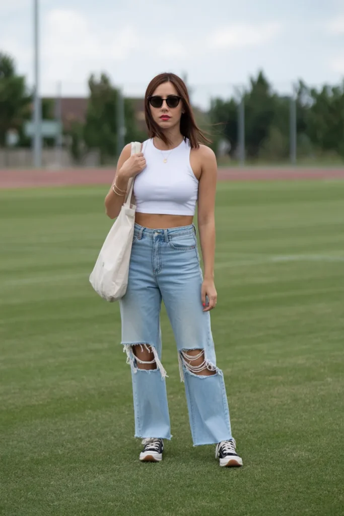 White Crop Top with Distressed Slit Jeans