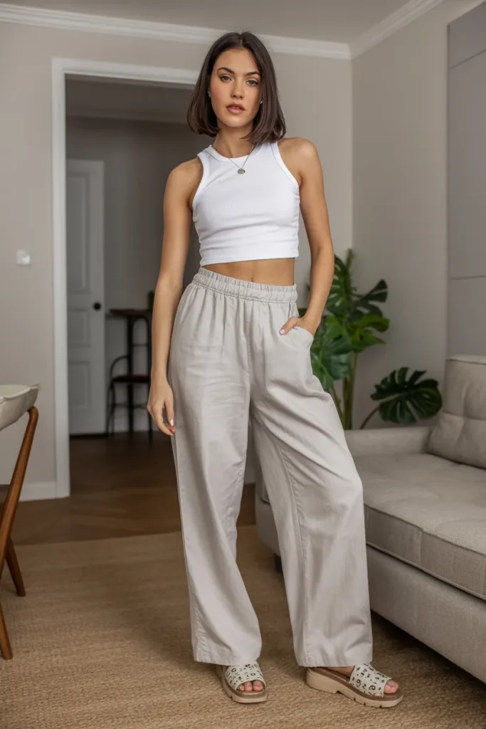 White Crop Top with Linen Pants