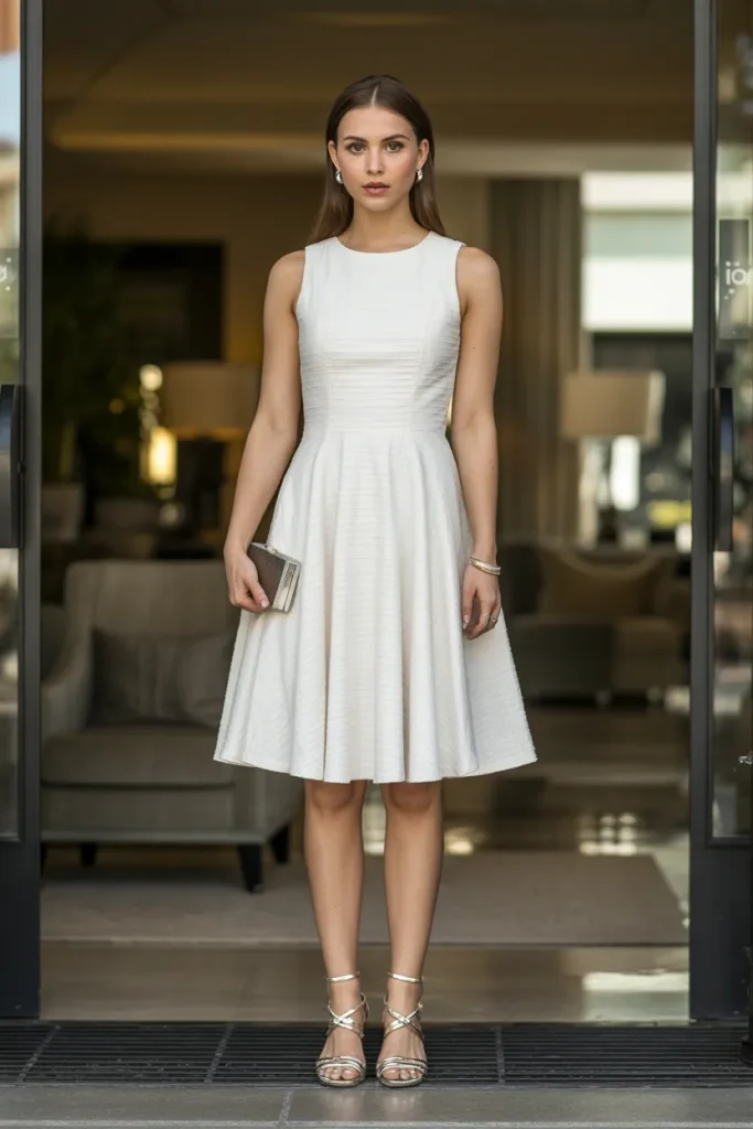 White Drop Waist Fit and Flare Lace Dress with Strappy Sandals