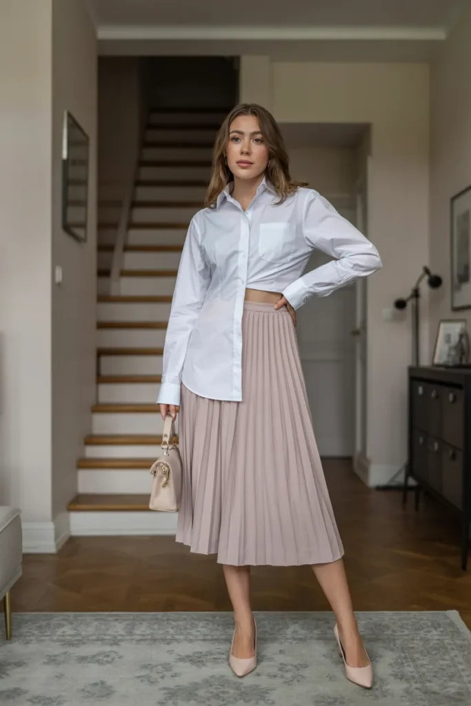 White Formal Shirt and Midi Skirt Over Blazer