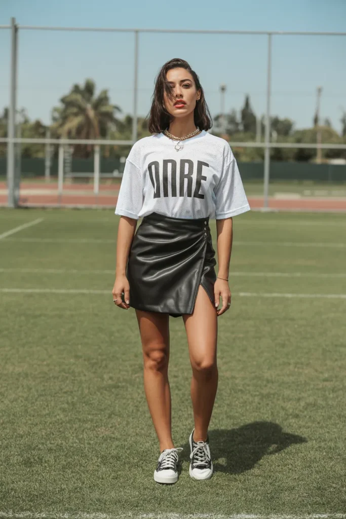 White Graphic Jersey with Mini Leather Wrap Skirt