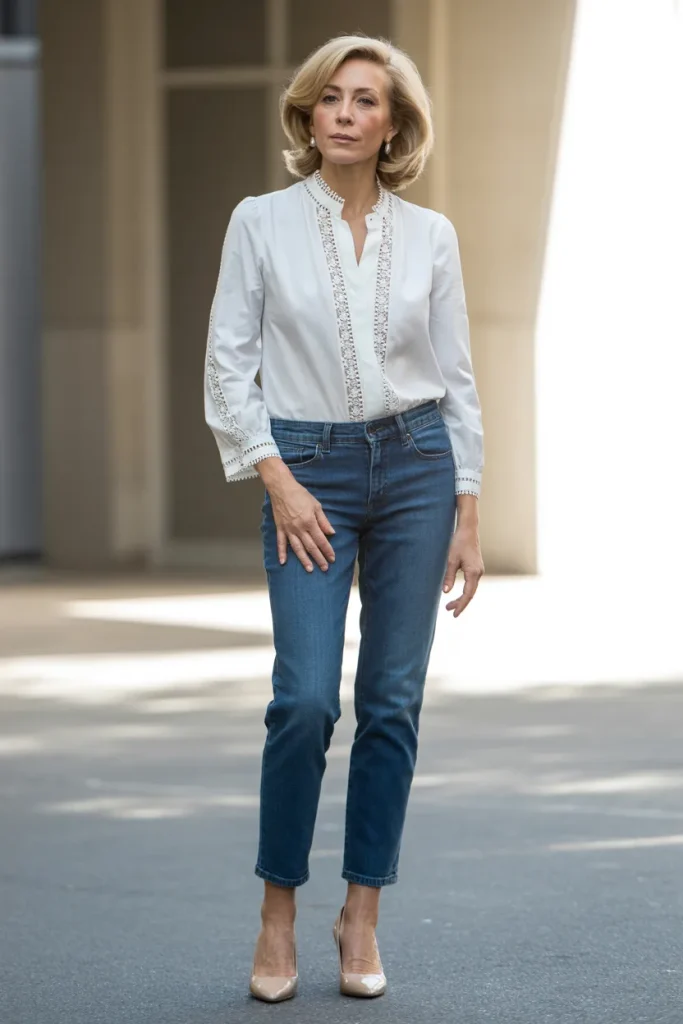 White Lace Trim Blouse with Ankle Jeans