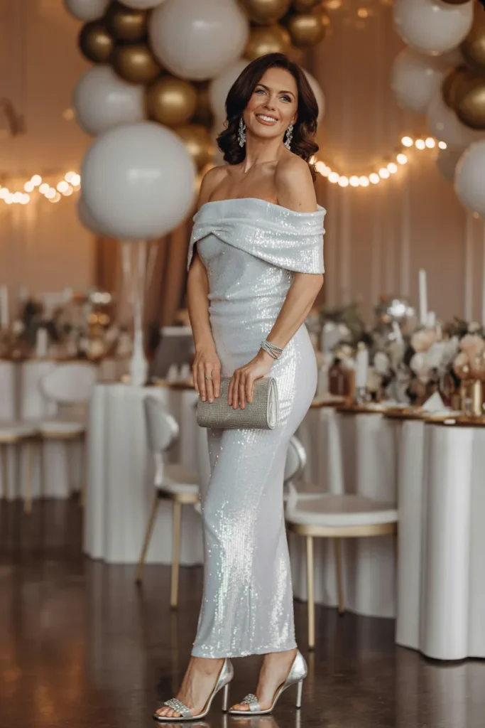 White Off Shoulder Premium Sequin Dress for 40th Birthday