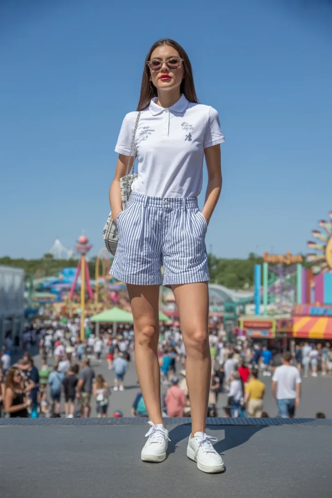 White Printed Polo T shirt and Stripe Shorts with Sneakers