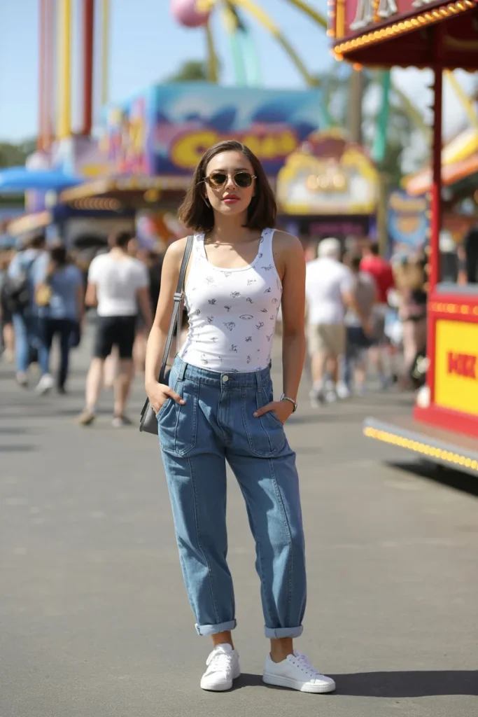 White Printed Tank Top with Denim Dungaree and Sneakers