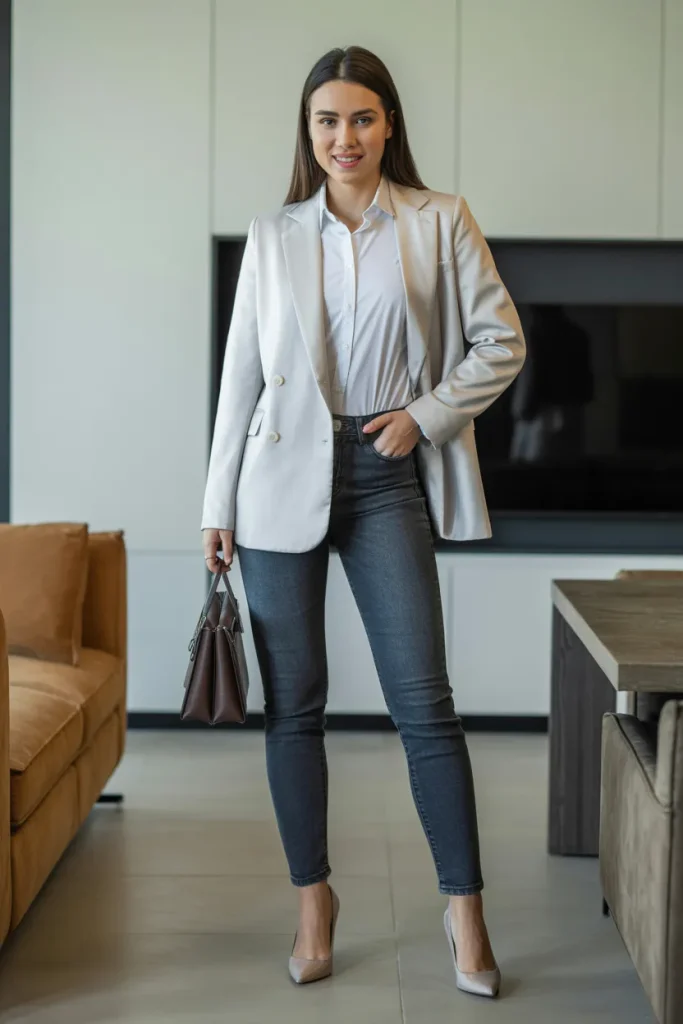 White Shirt Over Blazer with Jeans and Pumps