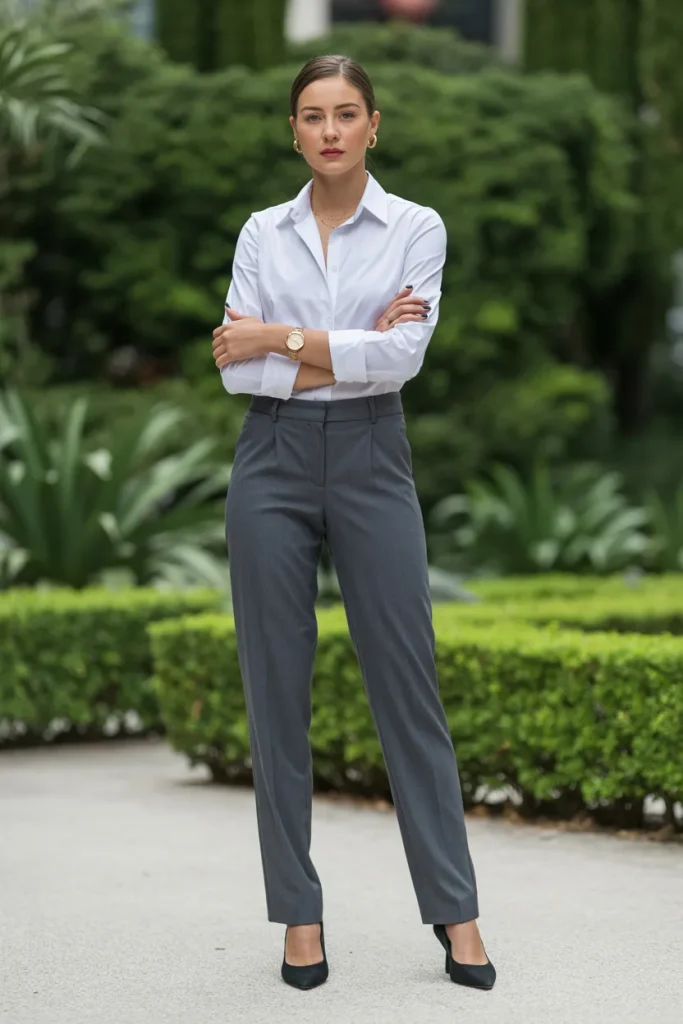 White Shirt Over Premium Suit Pant with Pumps