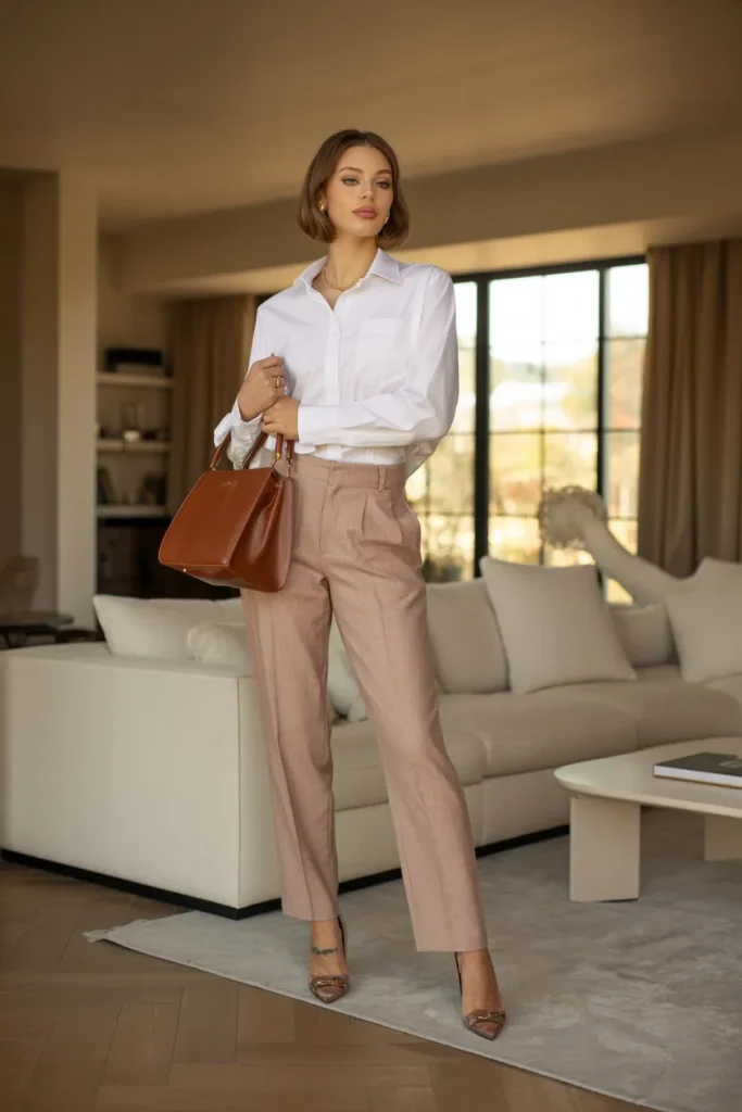 White Shirt with Straight Line Linen Pants and Premium Handbag