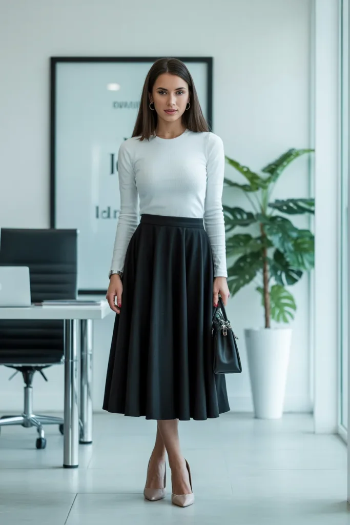 White Skinny Top with Black Midi Skirt
