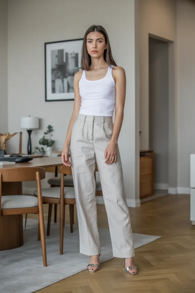 White Skinny Top with Straight Line Linen Pants