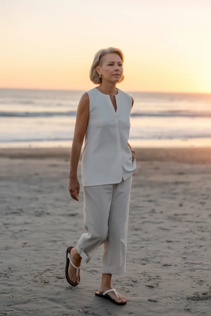 White Sleeveless Top with Trousers and T Strap Flip Flops
