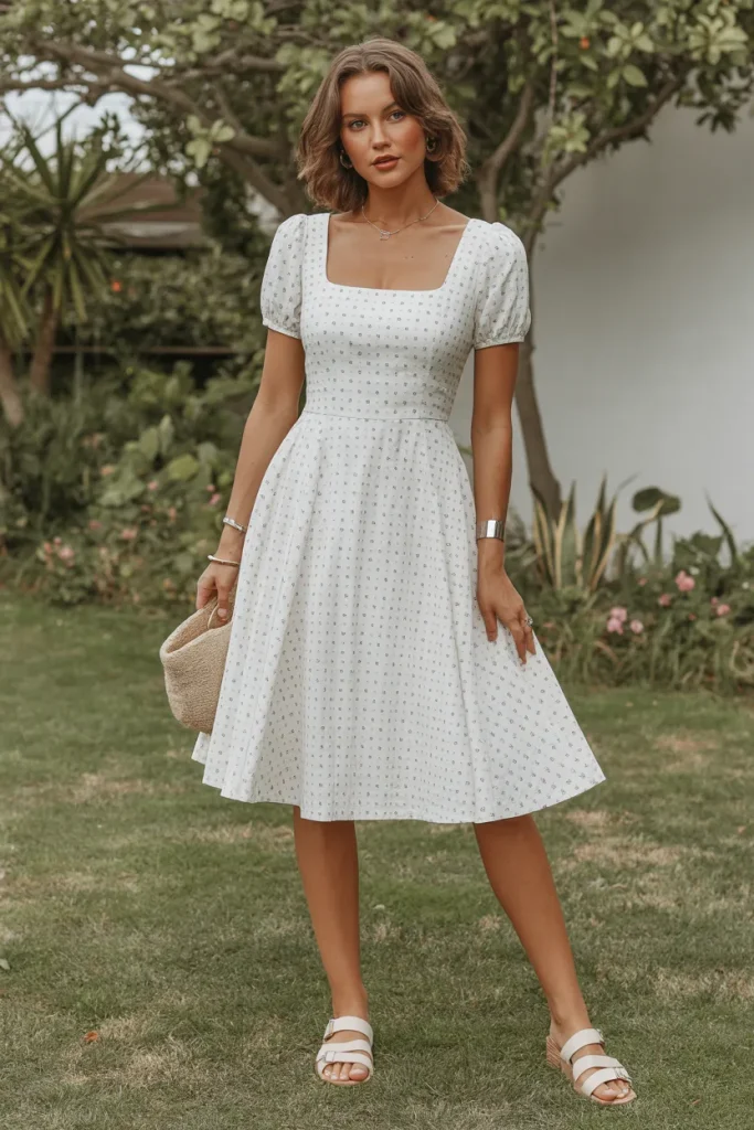 White Square Neck Printed Fit and Flare Dress