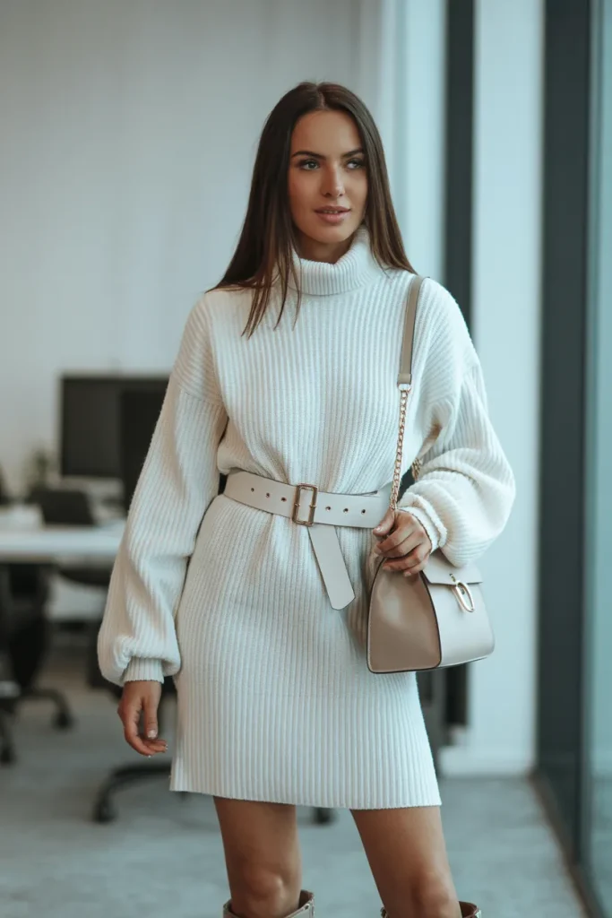 White Sweater Dress with Belt