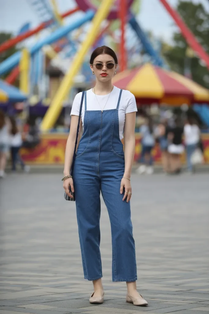 White T shirt Over Denim Dungaree with Flats
