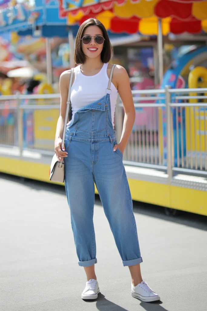 White Tank Top Over Dungaree with Sneakers