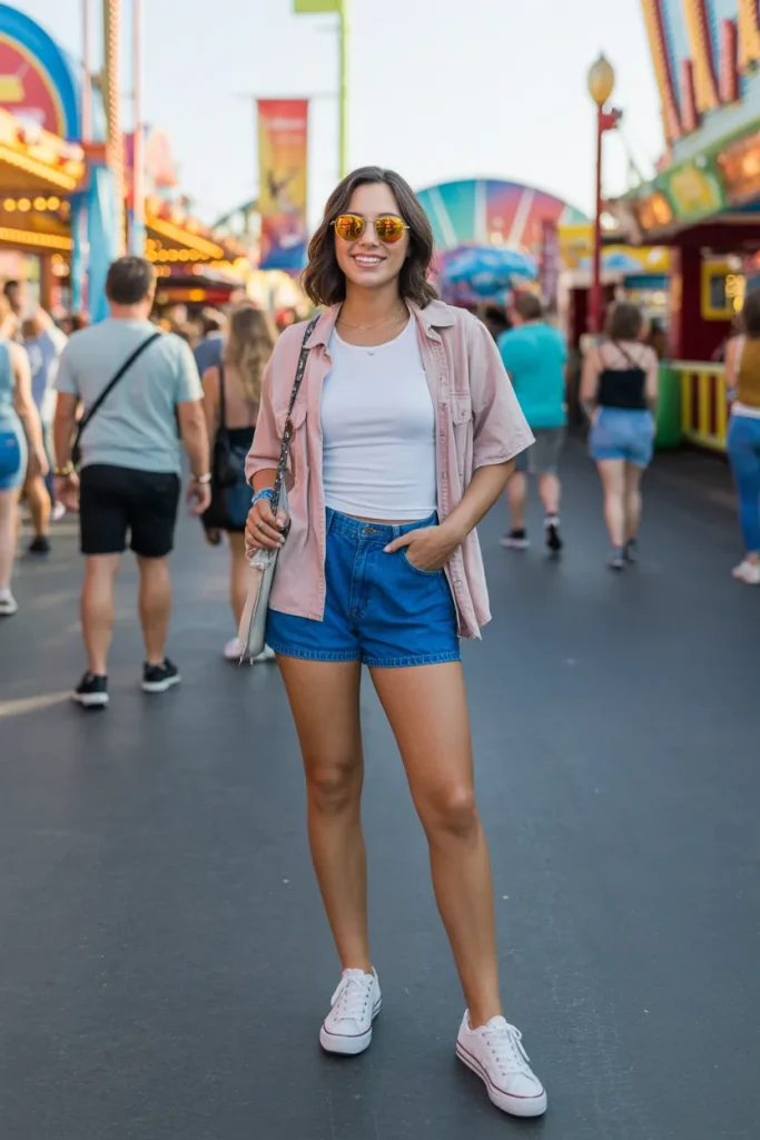 White Tank Top with Denim Shorts Over Pink T shirt with Sneakers