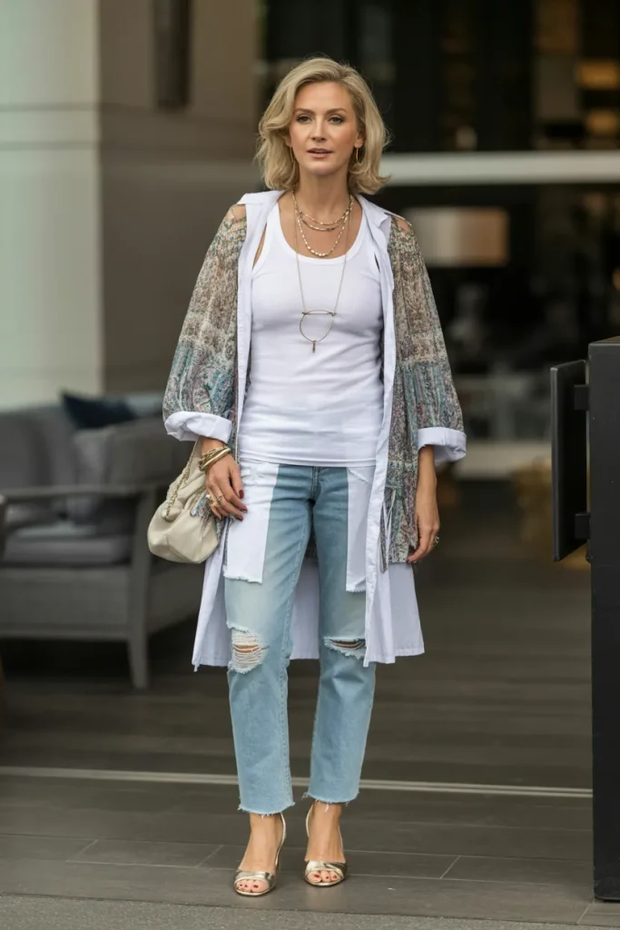 White Tank Top with Distressed Jeans Over a Boho Style Jacket and Open Toe Heel