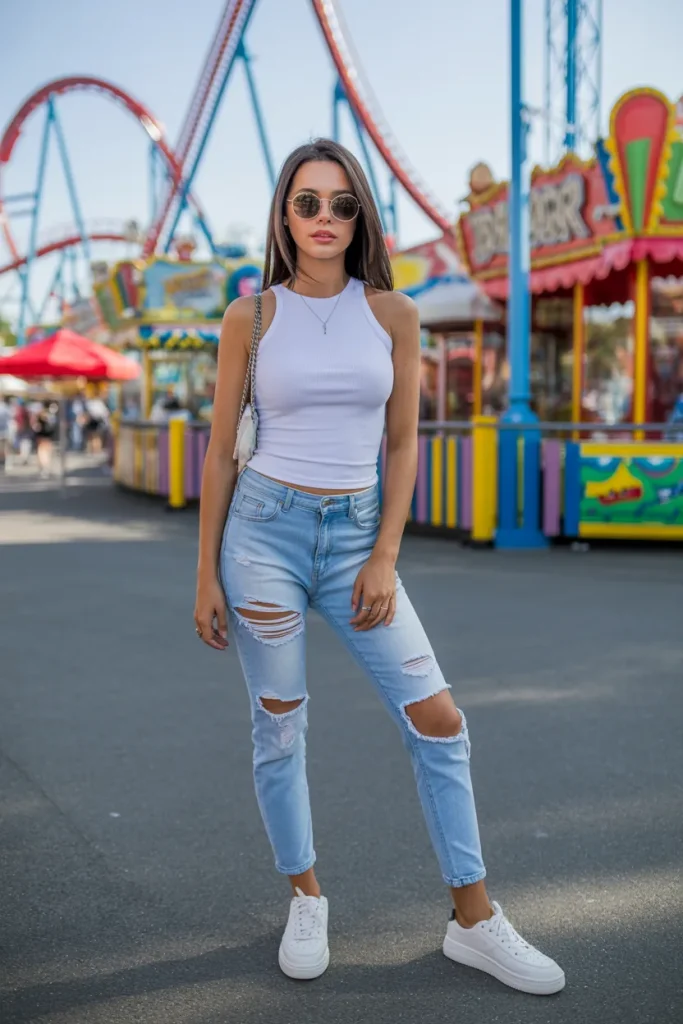White Tank Top with Distressed Jeans and Sneakers