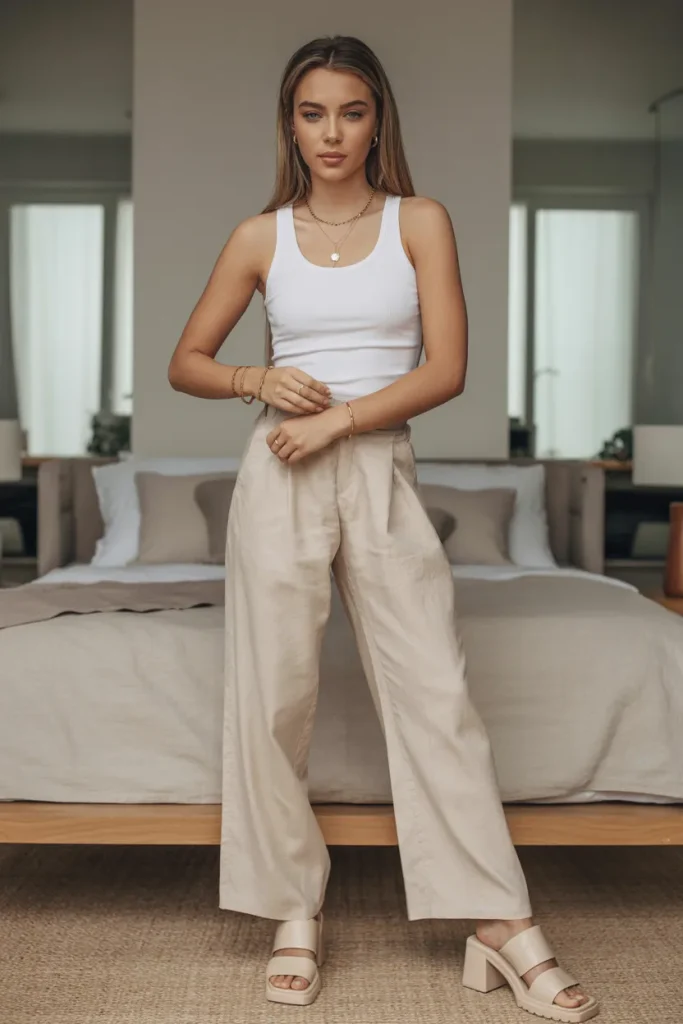 White Tank Top with Linen Pant and Block Heels