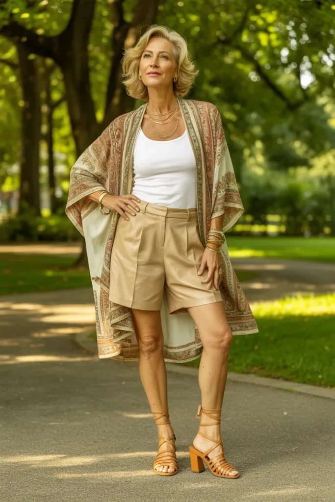 White Tank Top with Shorts Over Boho Style Jacket and Strappy Sandals