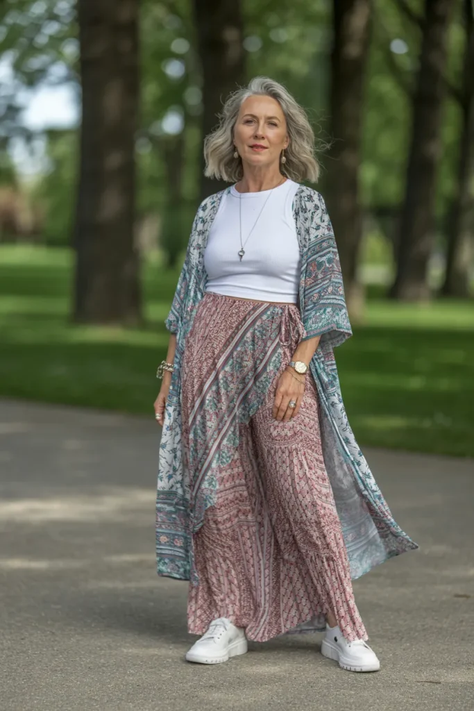 White Top Over Printed Wrap Long Dress with White Shoes
