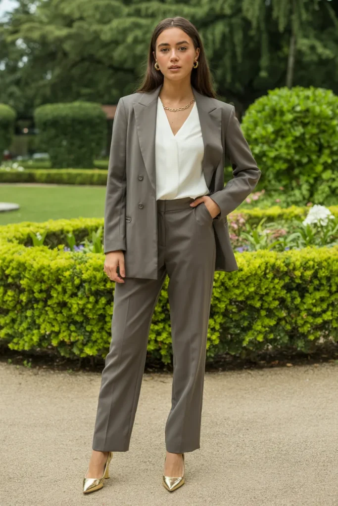 White Top Over Single Breasted Suit Pant with Golden Pumps
