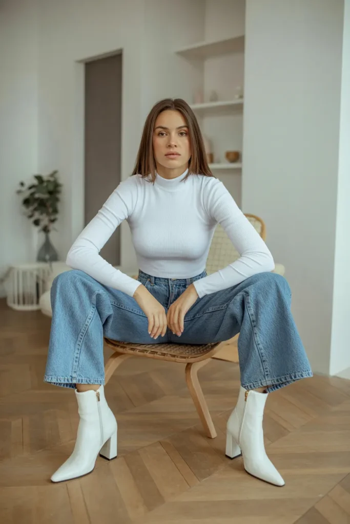 White Top with Jeans and Heel Ankle Boots