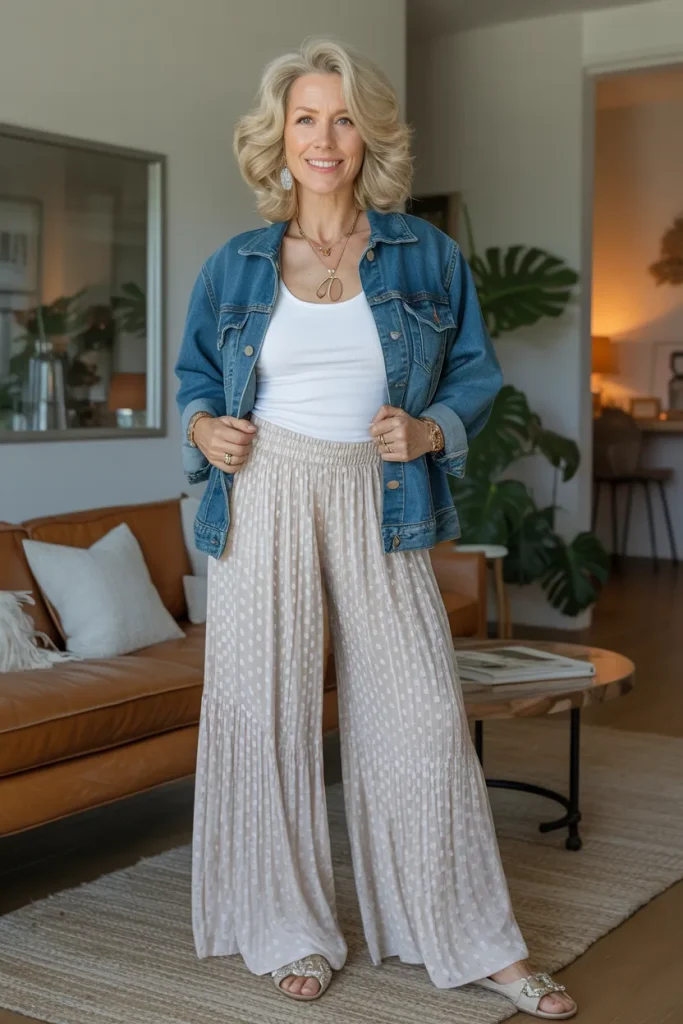 White Top with Palazzo Pant Over Denim Jacket and Flat