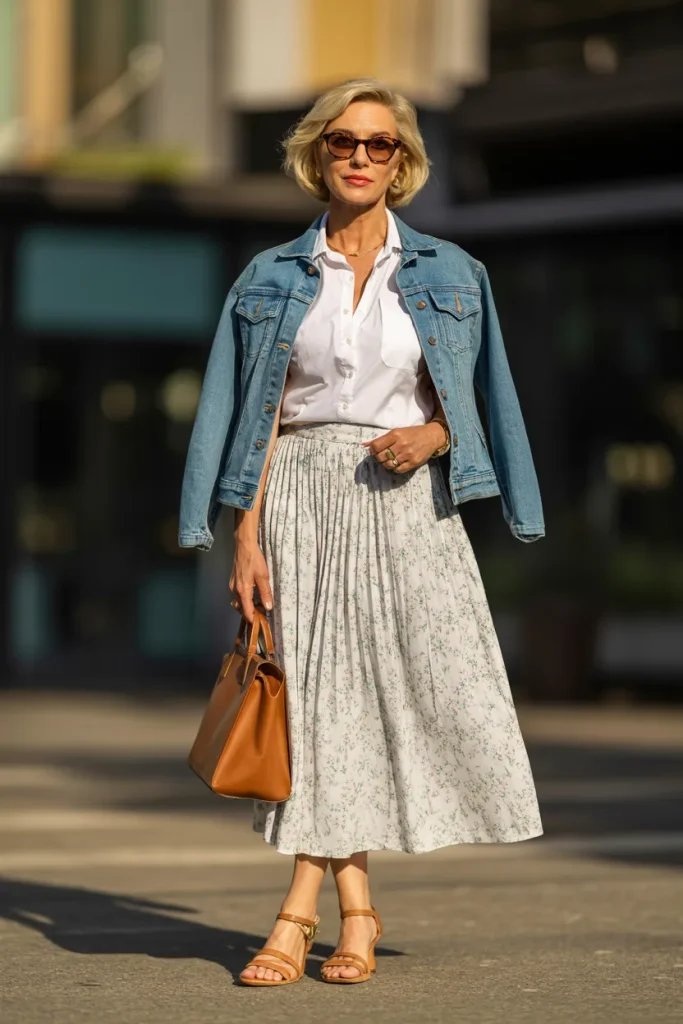 White Top with Printed Midi Skirt Over Denim Jacket and Strappy Sandals