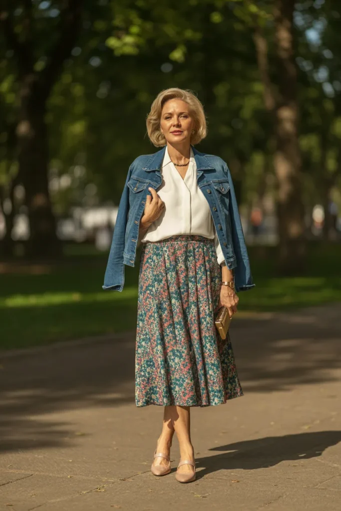 White Top with Printed Skirt Over Denim Jacket
