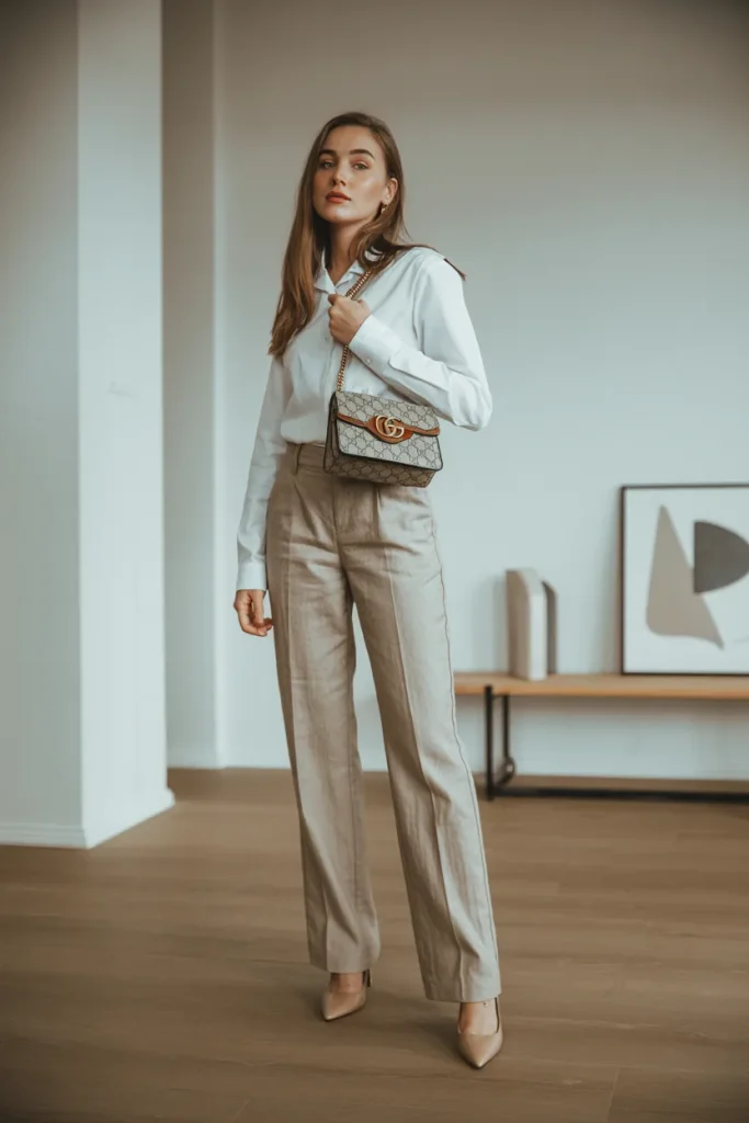 White Top with Straight Linen Pants and a Small Gucci Bag