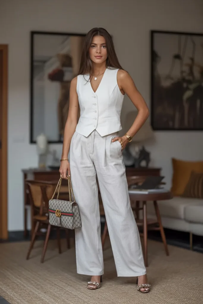 White Vest with Straight Line Linen Pants and a Gucci Bag