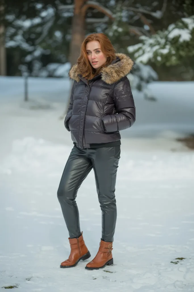 Winter Jacket with Leather Faux Pants and Ankle Boots