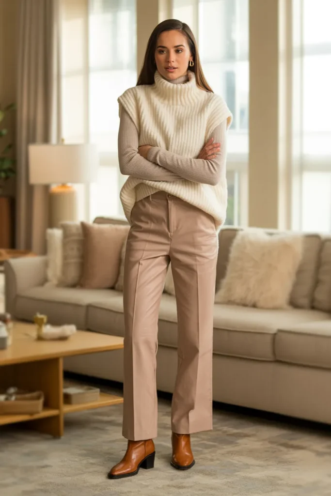 Winter Sleeveless Sweater with Straight High Line Linen Pants