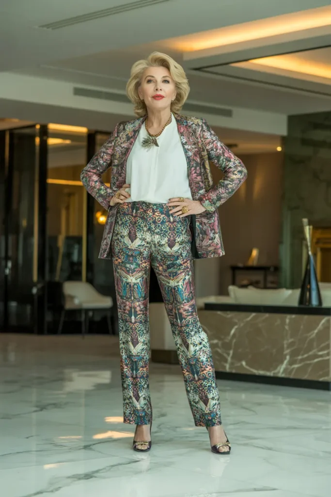 Printed Blouse with Pants and Open-Toe Heels