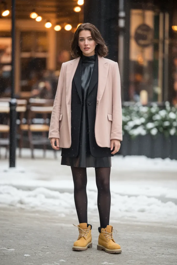 Turtle Neck Dress Over Pink Blazer and Tights with Timberland Boots