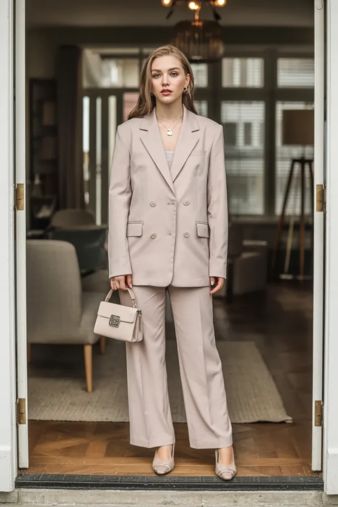 Elegant Top with Slacks Over Trendy Blazer and Pumps