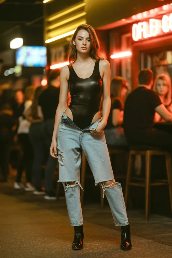 Black Concert Bodysuit with Distressed Jeans